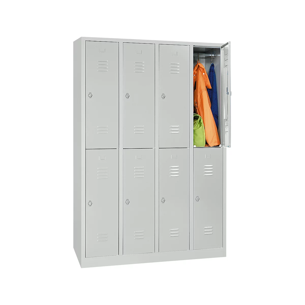Kledinglocker, 4 compartimenten in twee rijen, B 1170 x H 1950 mm draaigrendelslot, lichtgrijs/lichtgrijs