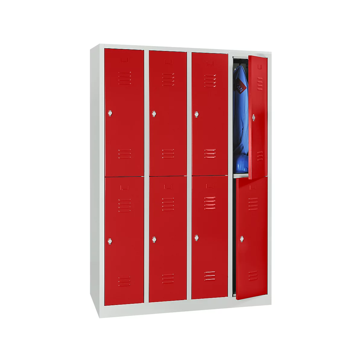 Kledinglocker, 4 compartimenten in twee rijen, B 1170 x H 1950 mm draaigrendelslot, lichtgrijs/vuurrood