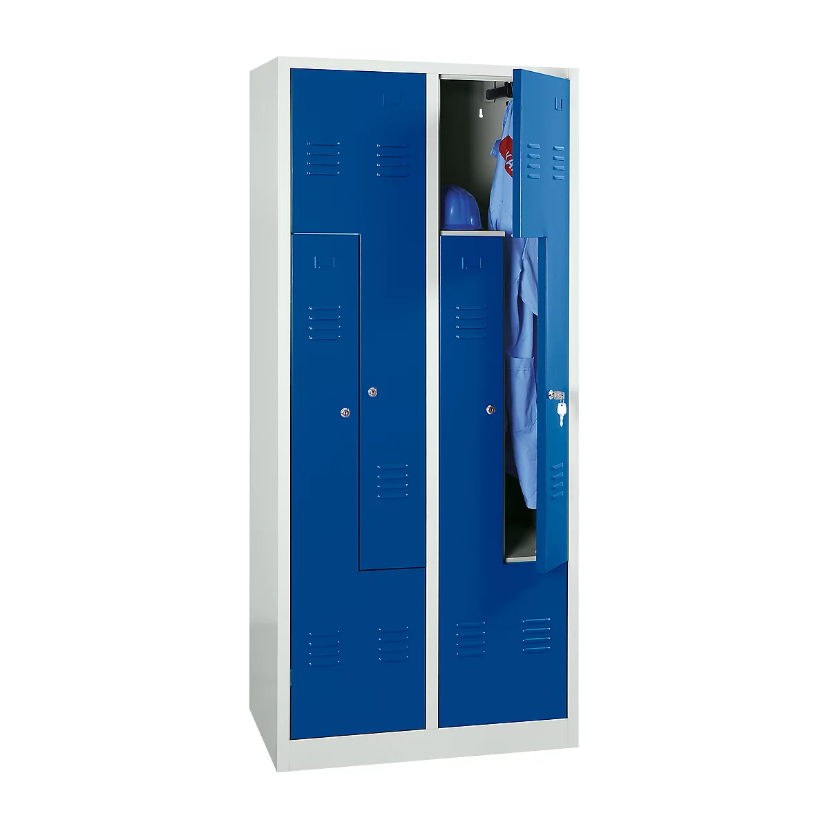 Kledinglocker, 4 compartimenten, met fitting, B 800 x H 1800 mm draaigrendelslot, lichtgrijs/gentiaanblauw