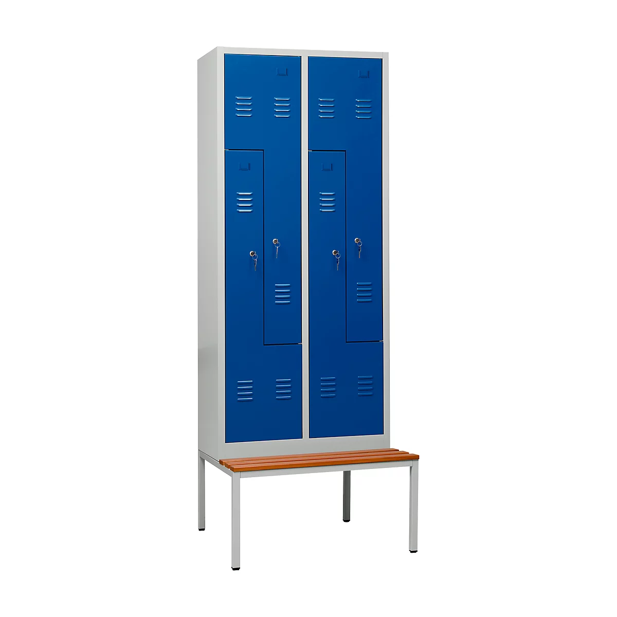 Kledinglocker, 4 compartimenten, met zitbank, B 800 x H 2200 mm, cilinderslot, lichtgrijs/gentiaanblauw