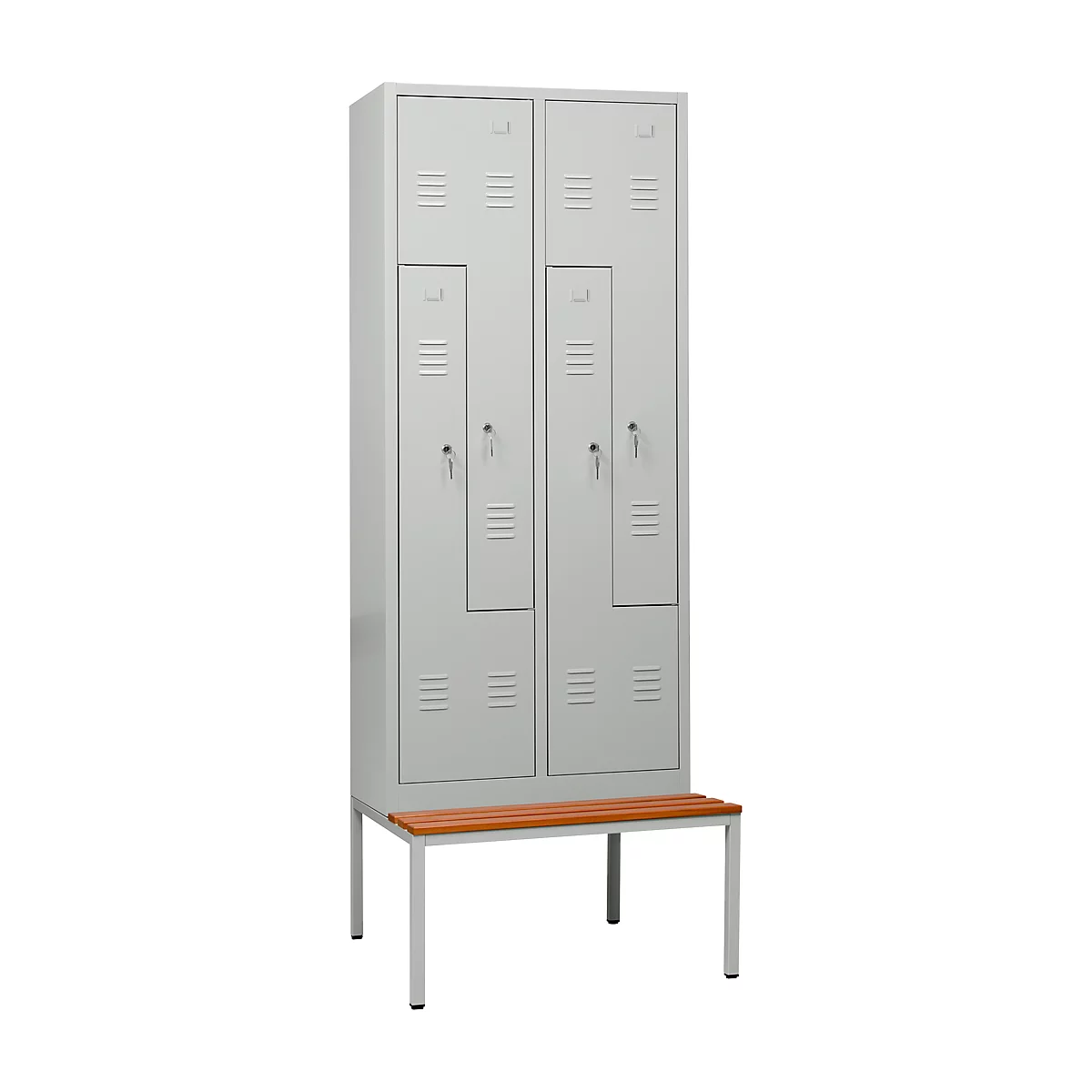 Kledinglocker, 4 compartimenten, met zitbank, B 800 x H 2200 mm, cilinderslot, lichtgrijs/lichtgrijs