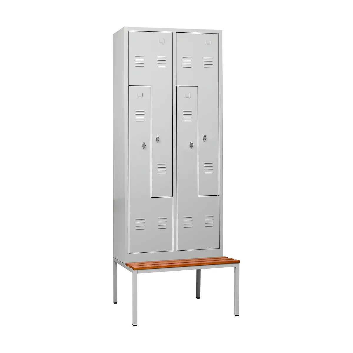 Kledinglocker, 4 compartimenten, met zitbank, B 800 x H 2200 mm, draaigrendelslot, lichtgrijs/lichtgrijs