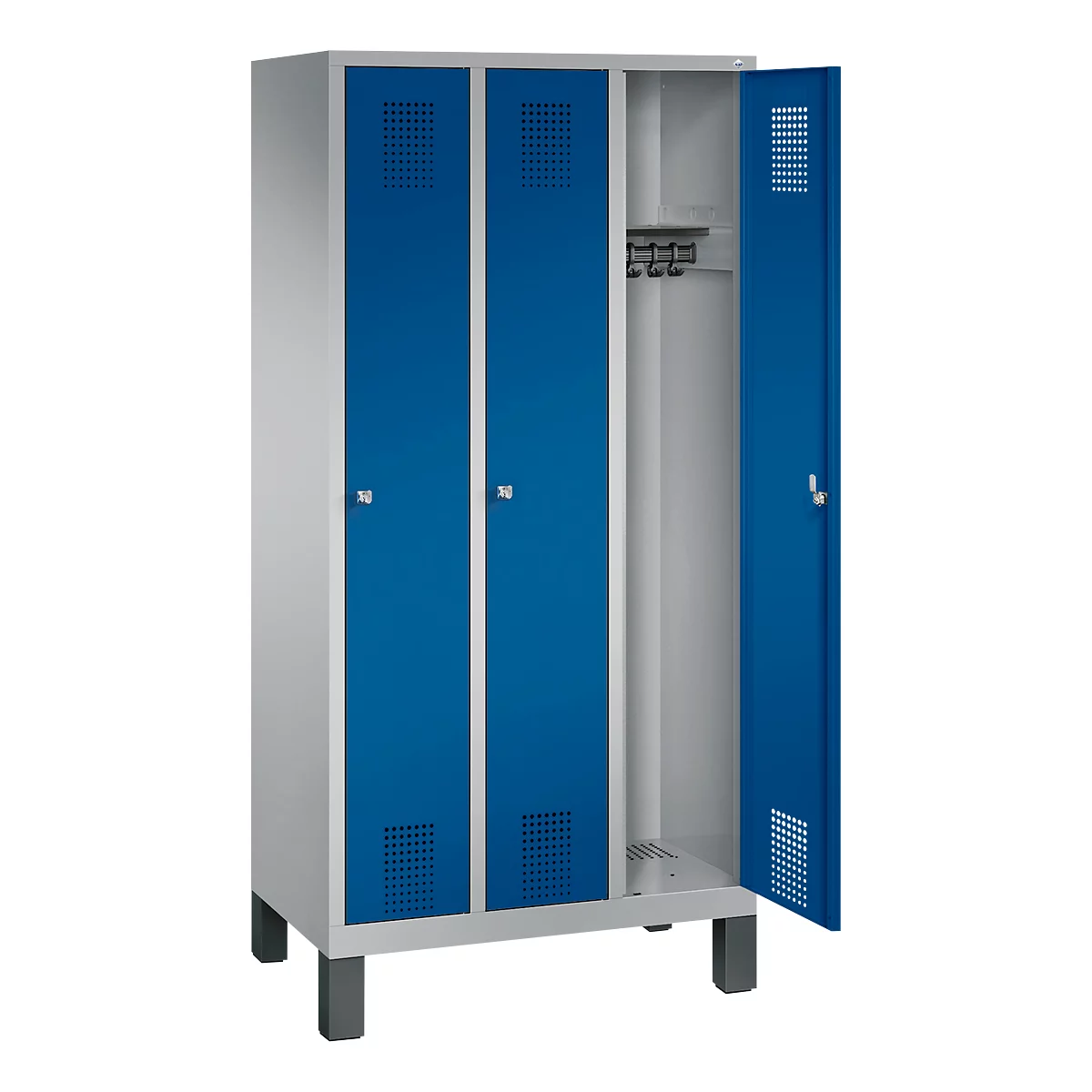 Kledinglocker Evolo S 3000, staal, 3 compartimenten, cilinderslot, blank aluminium RAL 9006/gentiaanblauw RAL 5010
