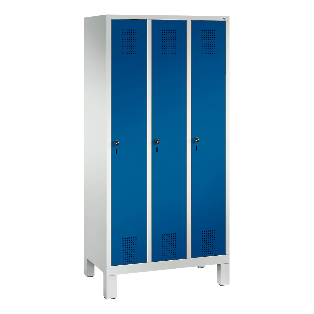 Kledinglocker Evolo S 3000, staal, 3 compartimenten, veiligheidsdraaigrendelslot, lichtgrijs RAL 7035/gentiaanblauw RAL 5010