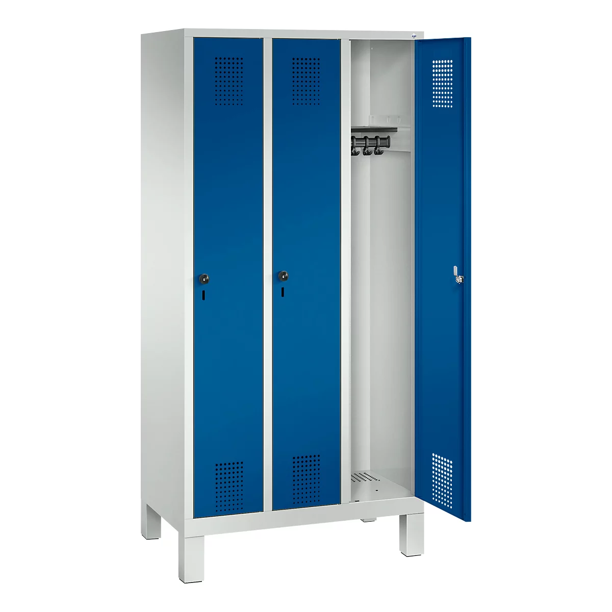 Kledinglocker Evolo S 3000, staal, 3 compartimenten, veiligheidsdraaigrendelslot, lichtgrijs RAL 7035/gentiaanblauw RAL 5010