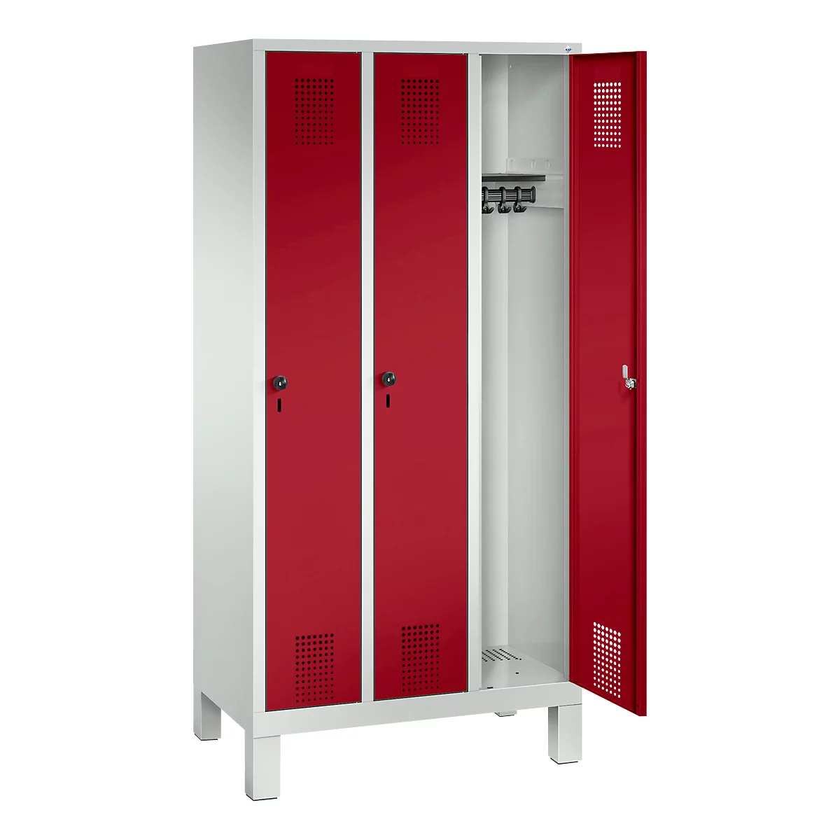 Kledinglocker Evolo S 3000, staal, 3 compartimenten, Veiligheidsdraaigrendelslot, lichtgrijs RAL 7035/robijnrood RAL 3003