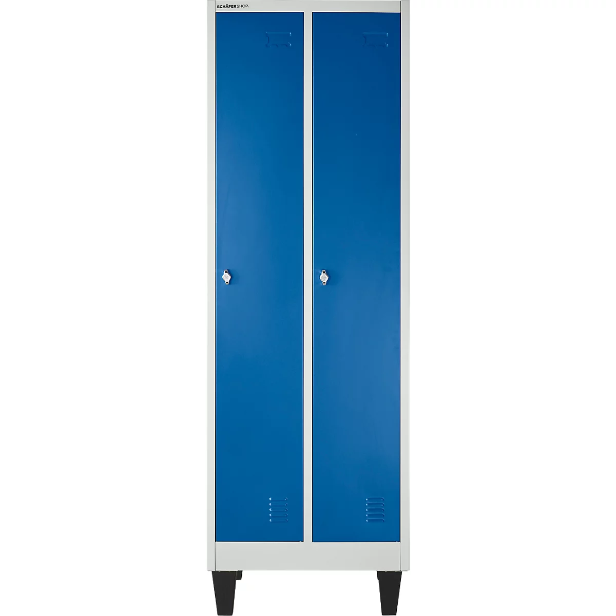 Kledinglocker met 2 compartimenten - stalen - B 600 x D 500 x H 1850 mm - op poten - draaigrendelslot - grijs/blauw - Schäfer Shop Pure