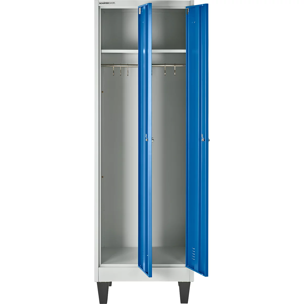 Kledinglocker met 2 compartimenten - stalen - B 600 x D 500 x H 1850 mm - op poten - draaigrendelslot - grijs/blauw - Schäfer Shop Pure
