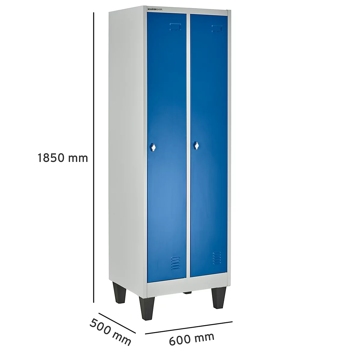 Kledinglocker met 2 compartimenten - stalen - B 600 x D 500 x H 1850 mm - op poten - draaigrendelslot - grijs/blauw - Schäfer Shop Pure
