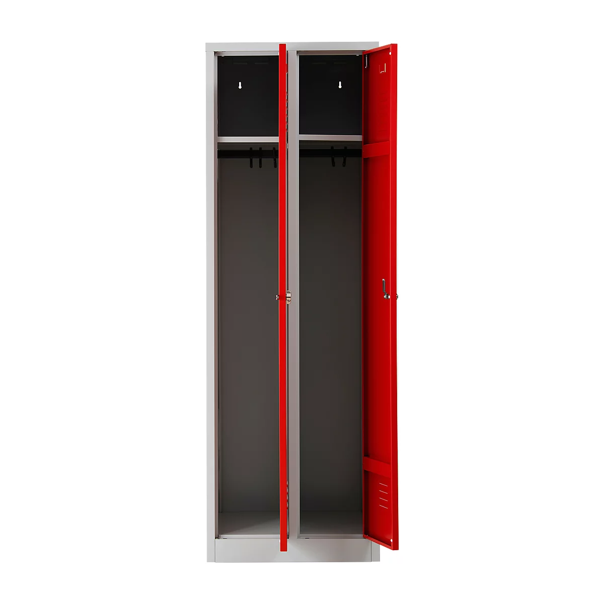 Kledinglocker met 2 compartimenten - stalen - B 600 x H 1800 mm - sokkel - draaislot - lichtgrijs en vuurrood