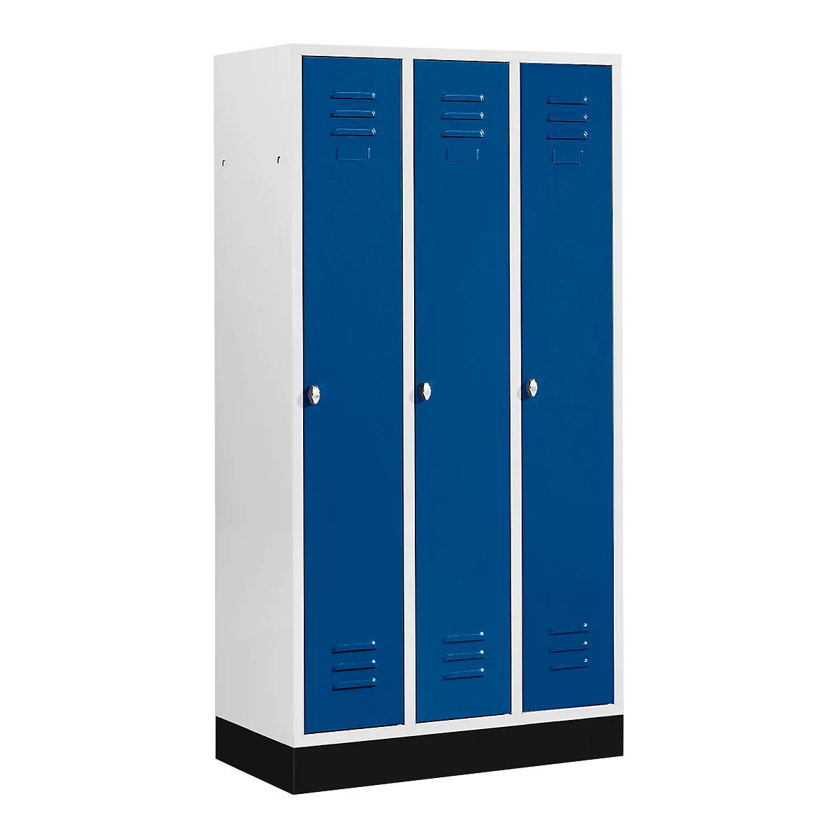 Kledinglocker met 3 compartimenten, 300 mm, draaigrendelslot, met fitting, deur gentiaanblauw