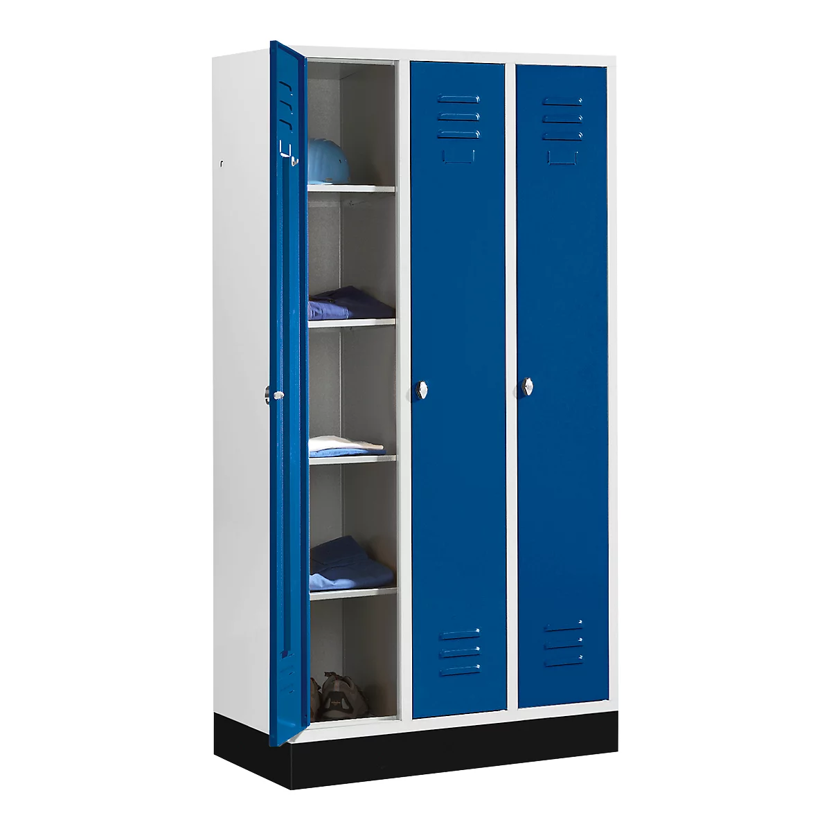 Kledinglocker met 3 compartimenten, 300 mm, draaigrendelslot, met fitting, deur gentiaanblauw