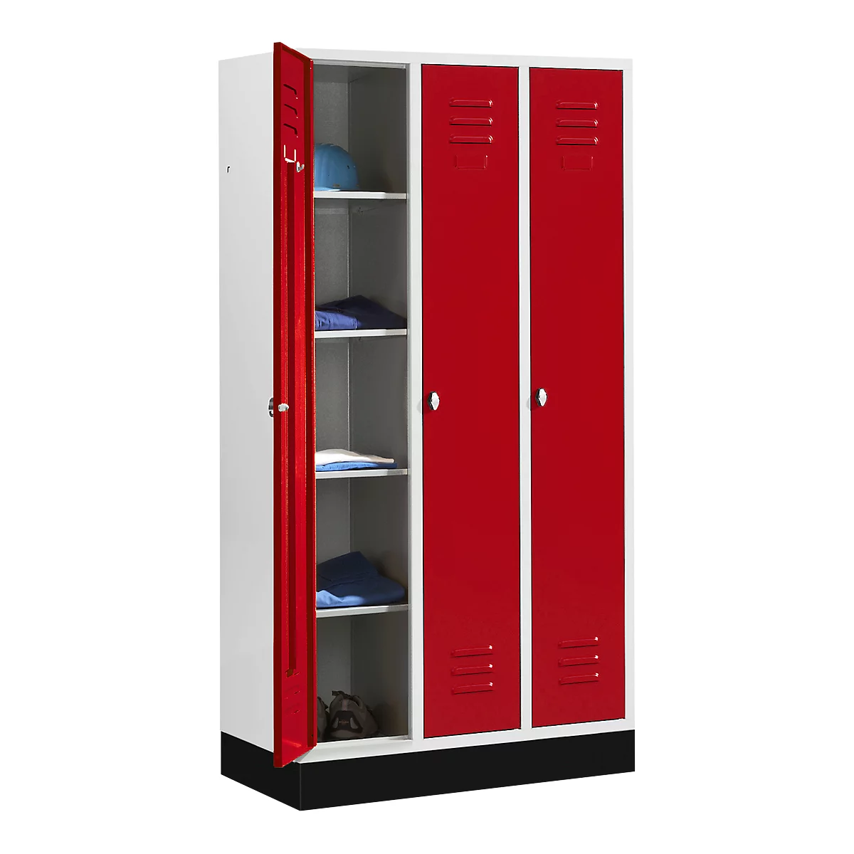 Kledinglocker met 3 compartimenten, 300 mm, draaigrendelslot, met fitting, Deur robijnrood