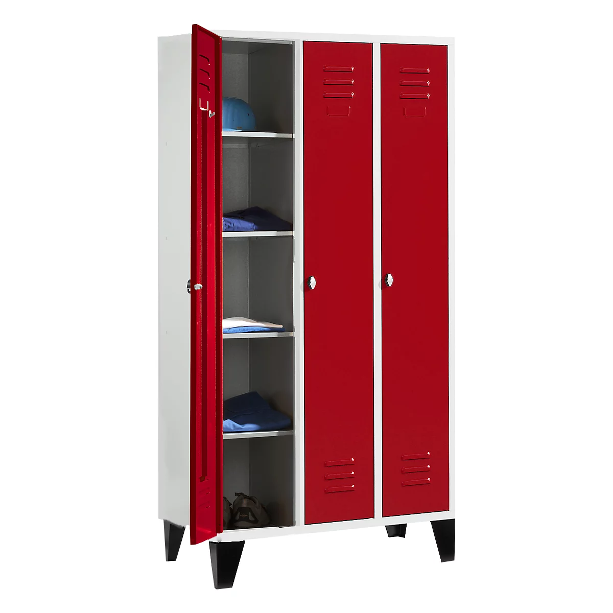 Kledinglocker met 3 compartimenten, 300 mm, draaigrendelslot, met poten, Deur robijnrood