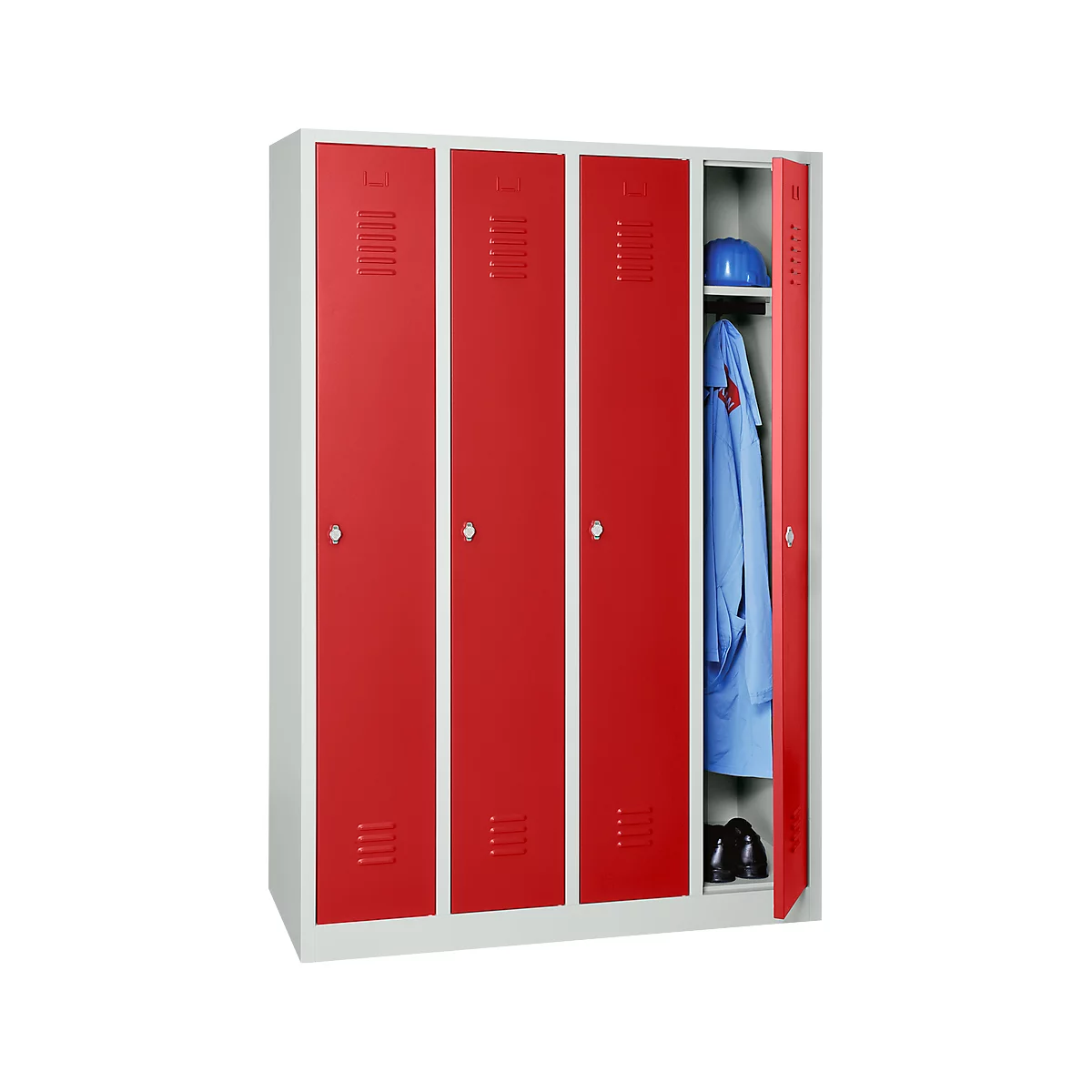 Kledinglocker - stalen - B 1170 x H 1800 mm - 4 deuren - draaislot- lichtgrijs en rood