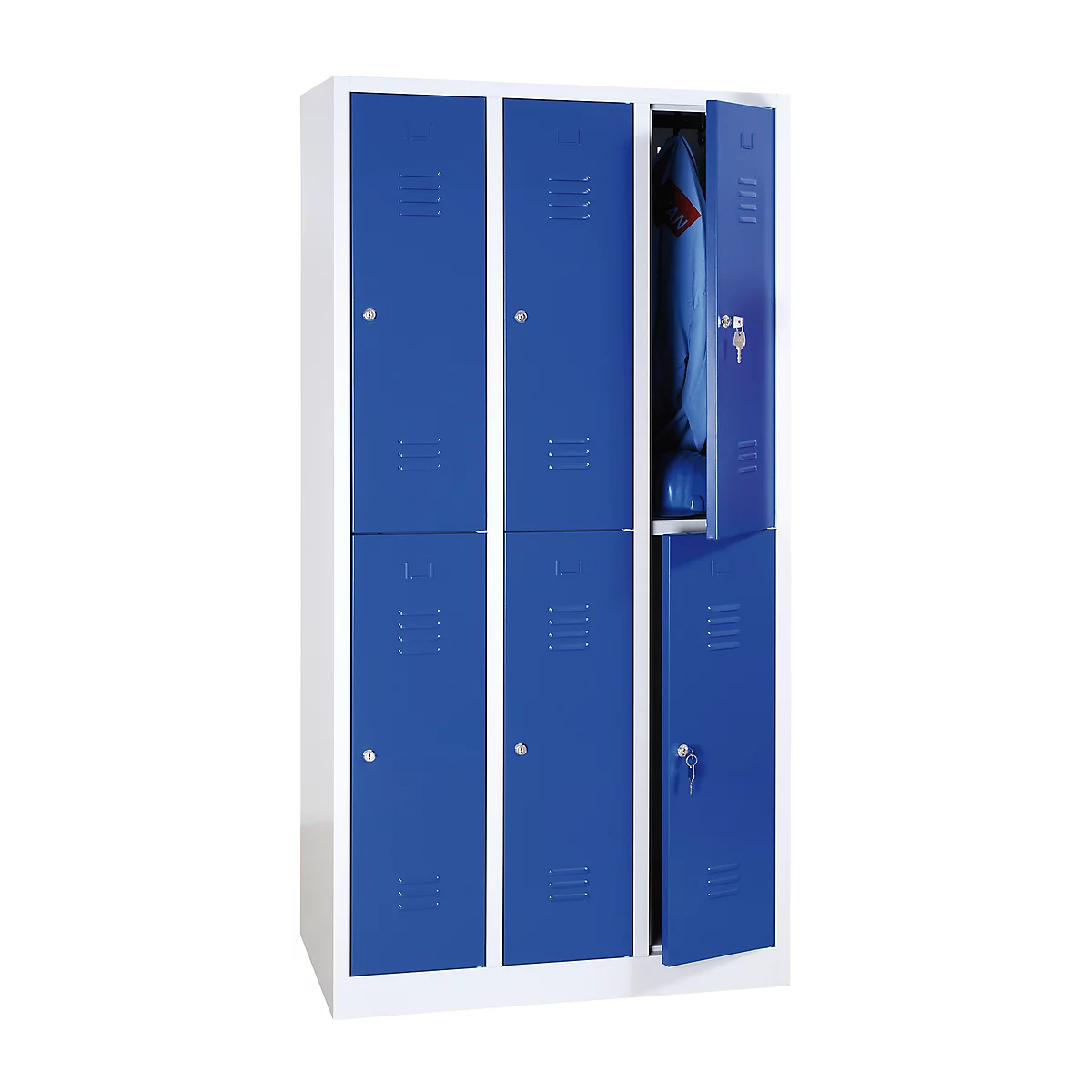 Kledinglocker, twee rijen, 2 x 3 compartimenten, cilinderslot, lichtgrijs RAL 7035/gentiaanblauw RAL 5010