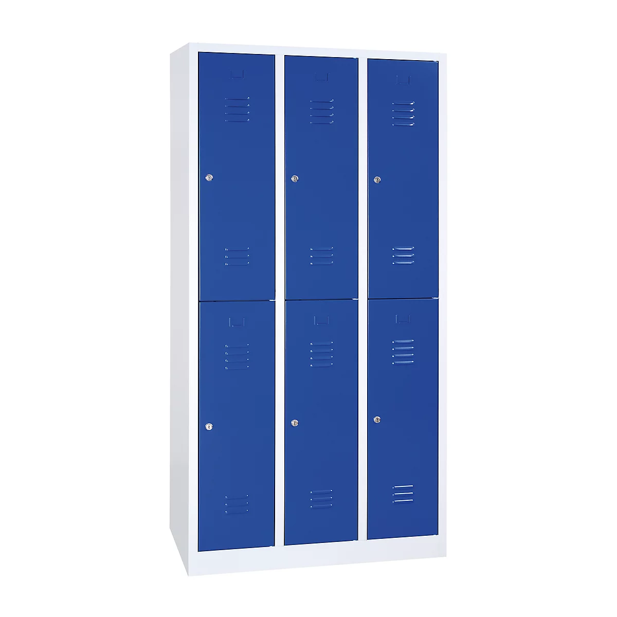 Kledinglocker, twee rijen, 2 x 3 compartimenten, cilinderslot, lichtgrijs RAL 7035/gentiaanblauw RAL 5010