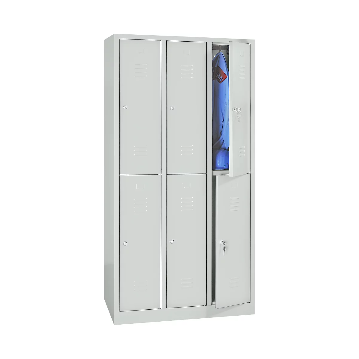 Kledinglocker, twee rijen, 2 x 3 compartimenten, cilinderslot, lichtgrijs RAL 7035/lichtgrijs RAL 7035