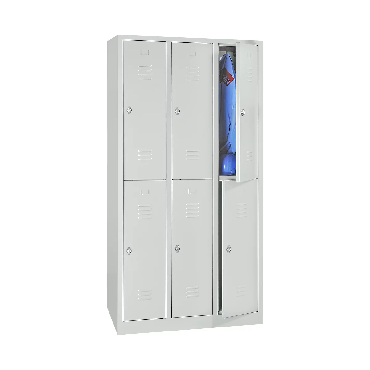 Kledinglocker, twee rijen, 2 x 3 compartimenten, draaigrendelslot, lichtgrijs RAL 7035/lichtgrijs RAL 7035