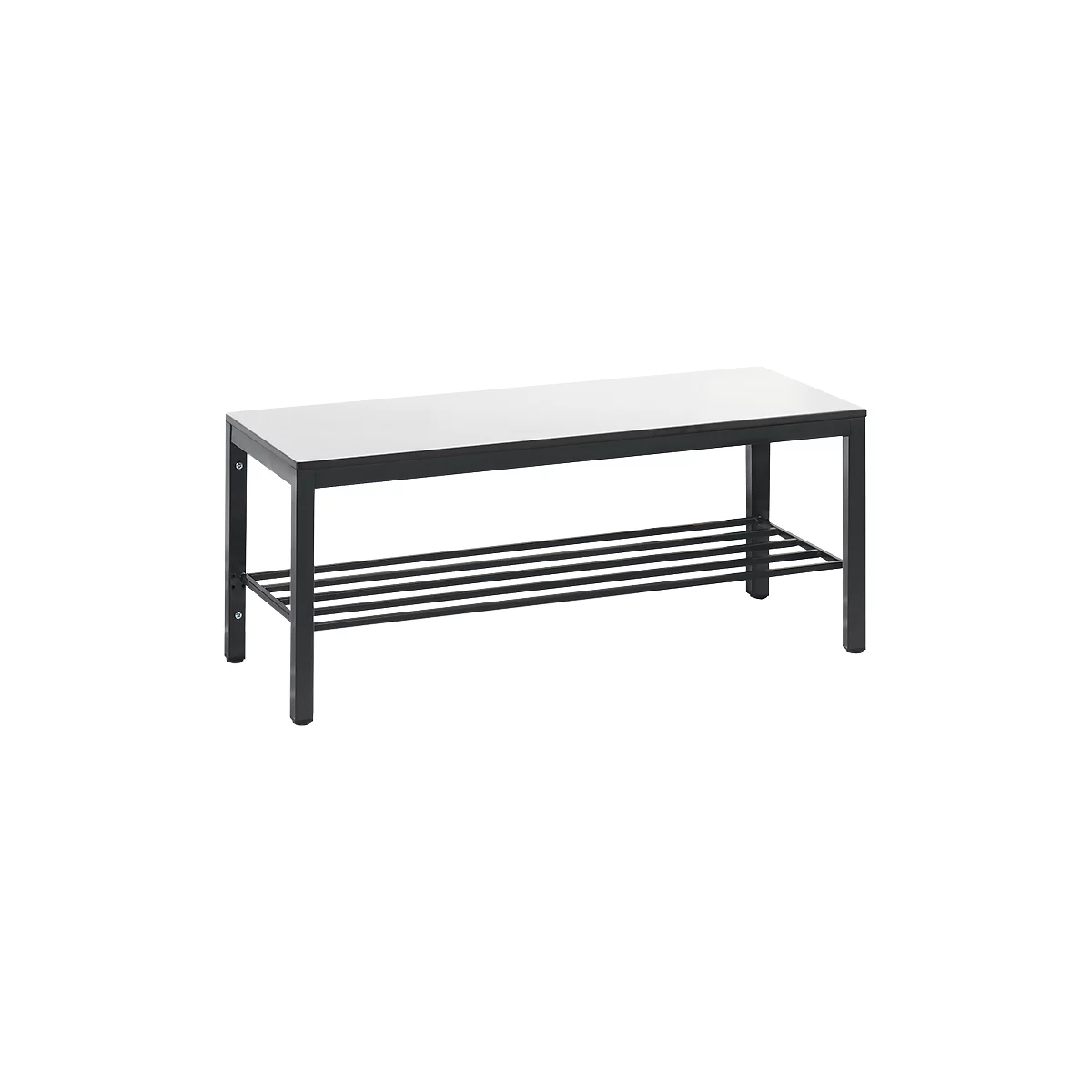 Kleedbank Basic Plus, voor vochtige ruimtes, zonder rugleuning, 4-poots frame zwartgrijs RAL 7021, met schoenenrek, B 1000 mm, decor wit
