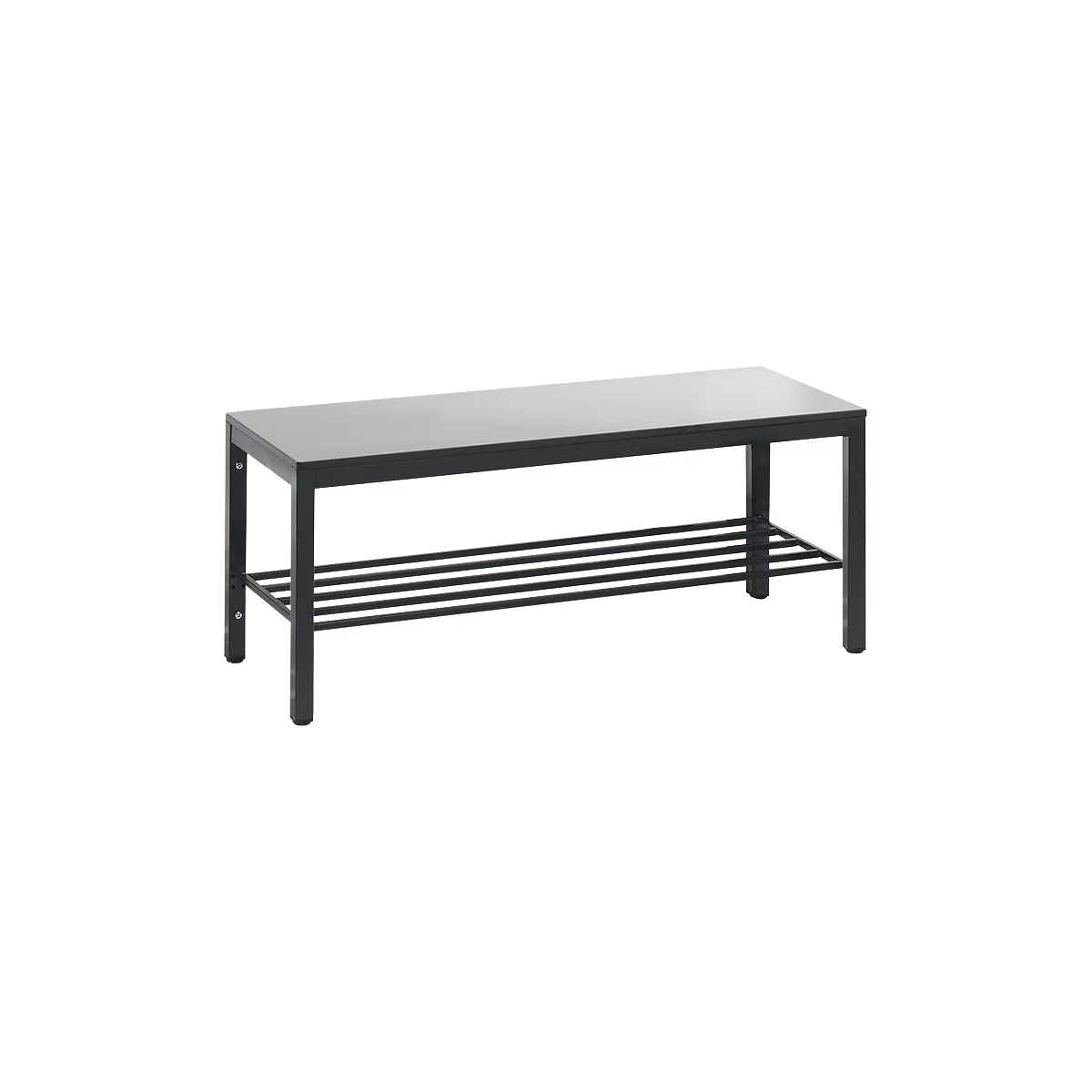 Kleedbank Basic Plus, voor vochtige ruimtes, zonder rugleuning, 4-poots frame zwartgrijs RAL 7021, met schoenenrek, B 1000 mm, decor zilvergrijs