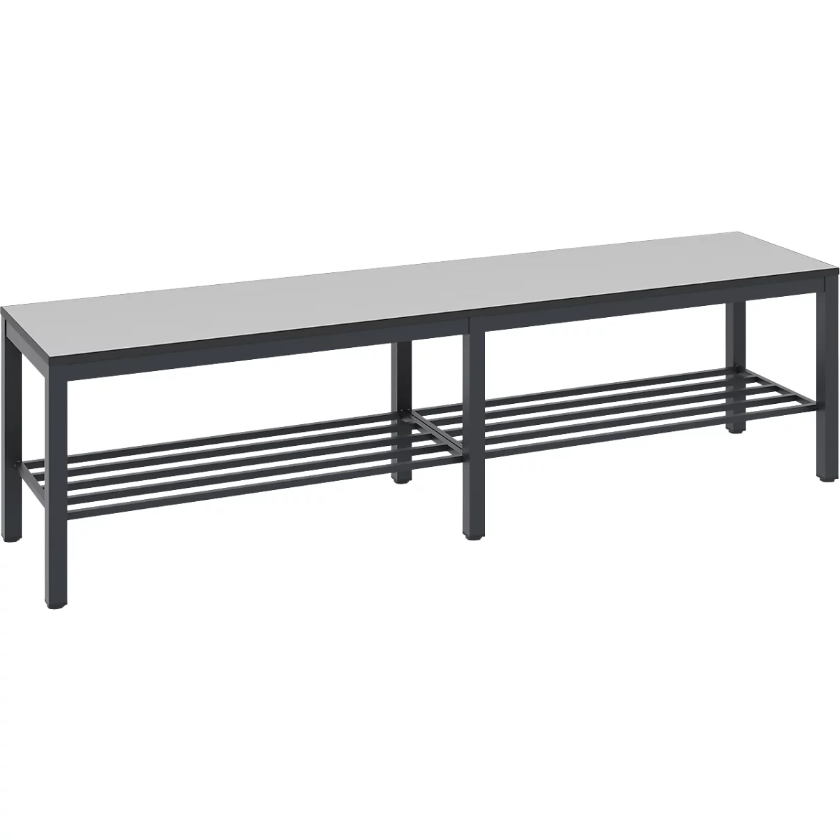Kleedbank Basic Plus, voor vochtige ruimtes, zonder rugleuning, 6-poots frame zwartgrijs RAL 7021, met schoenenrek, B 1500 mm, decor zilvergrijs