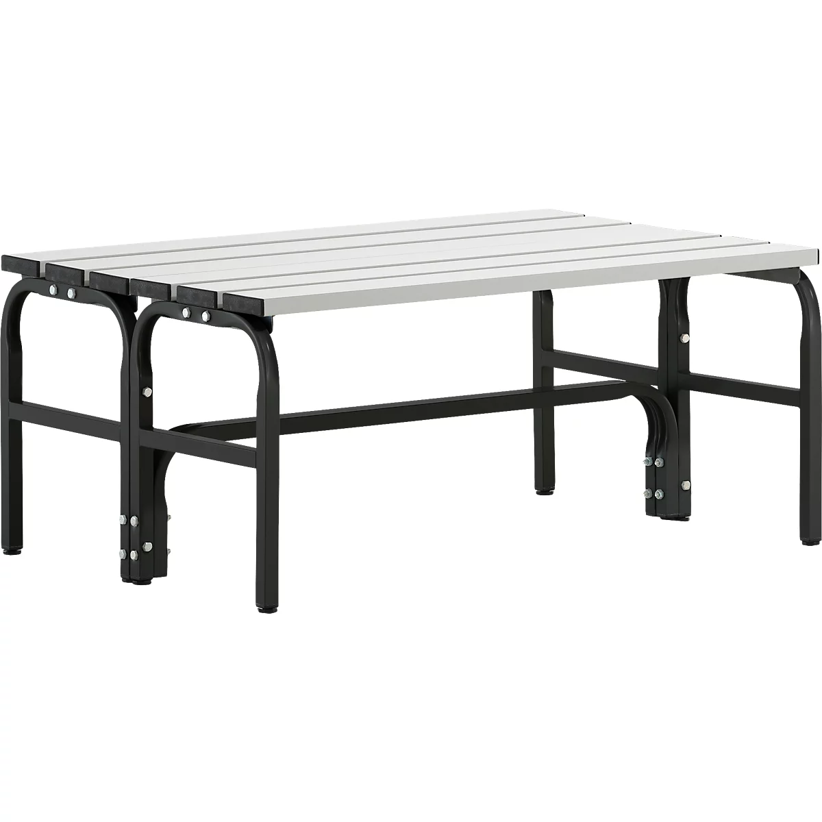 Een rechthoekige tafel, lichtgrijze houten latten op een zwart frame. De poten zijn gebogen en de tafel is opvouwbaar.