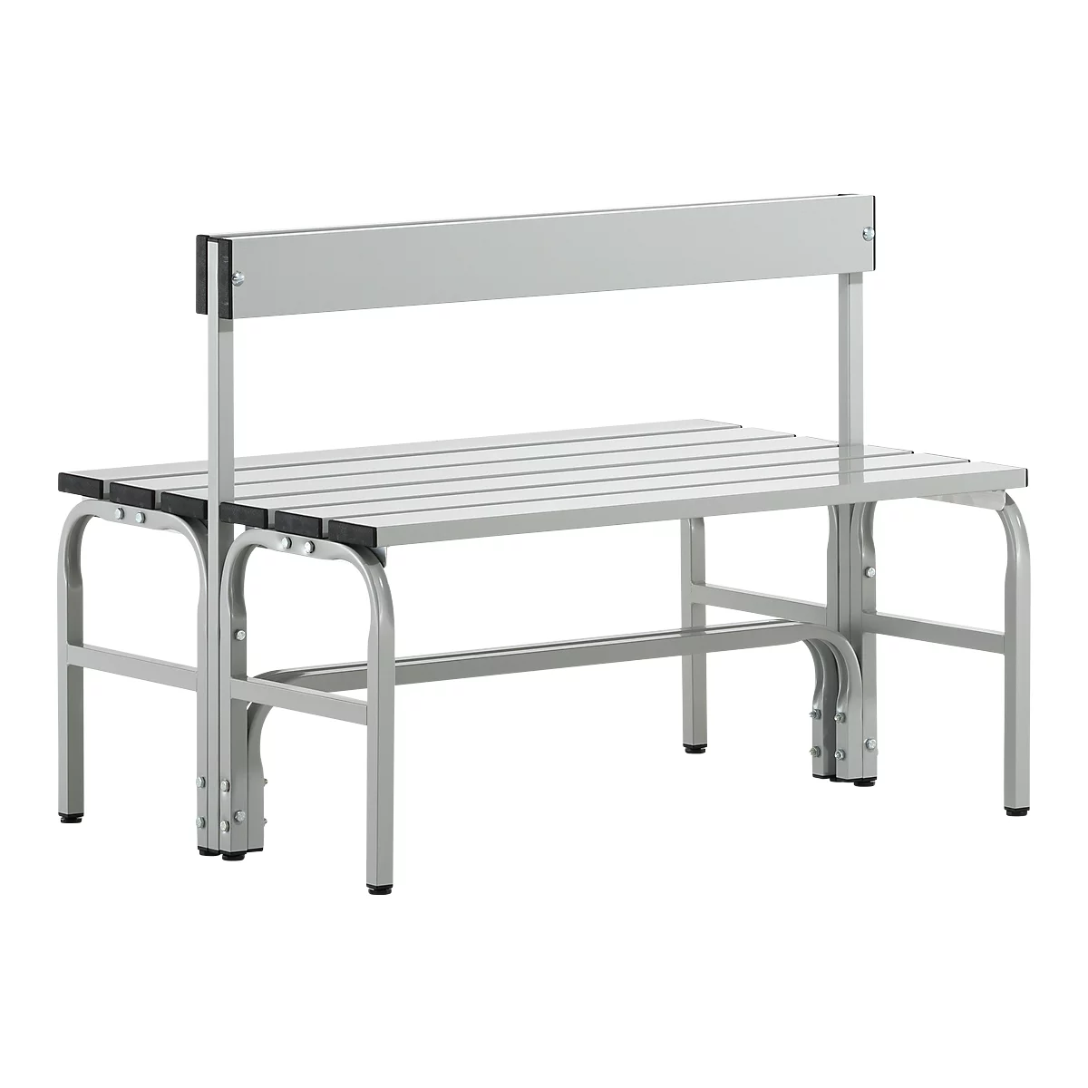 Kleedkamerbank, rvs buis/aluminium, dubbel met rugleuning, L 1015 mm, lichtgrijs
