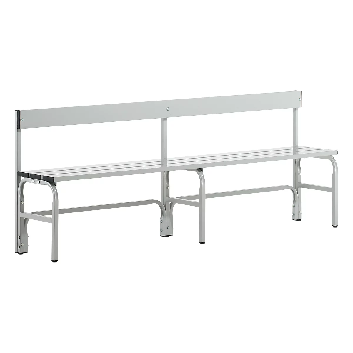 Kleedkamerbank, rvs buis/aluminium, enkel met rugleuning, L 2000 mm, lichtgrijs