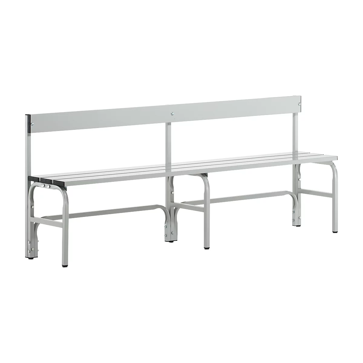 Kleedkamerbank, stalen buis/aluminium, enkel met rugleuning, 1500 mm lang, lichtgrijs