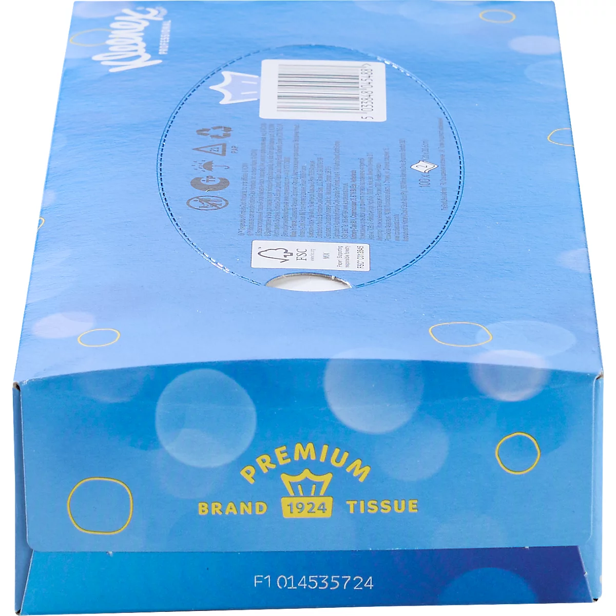 Blauw-witte tissuebox met opdruk. "Premium Brand 1924 Tissue".