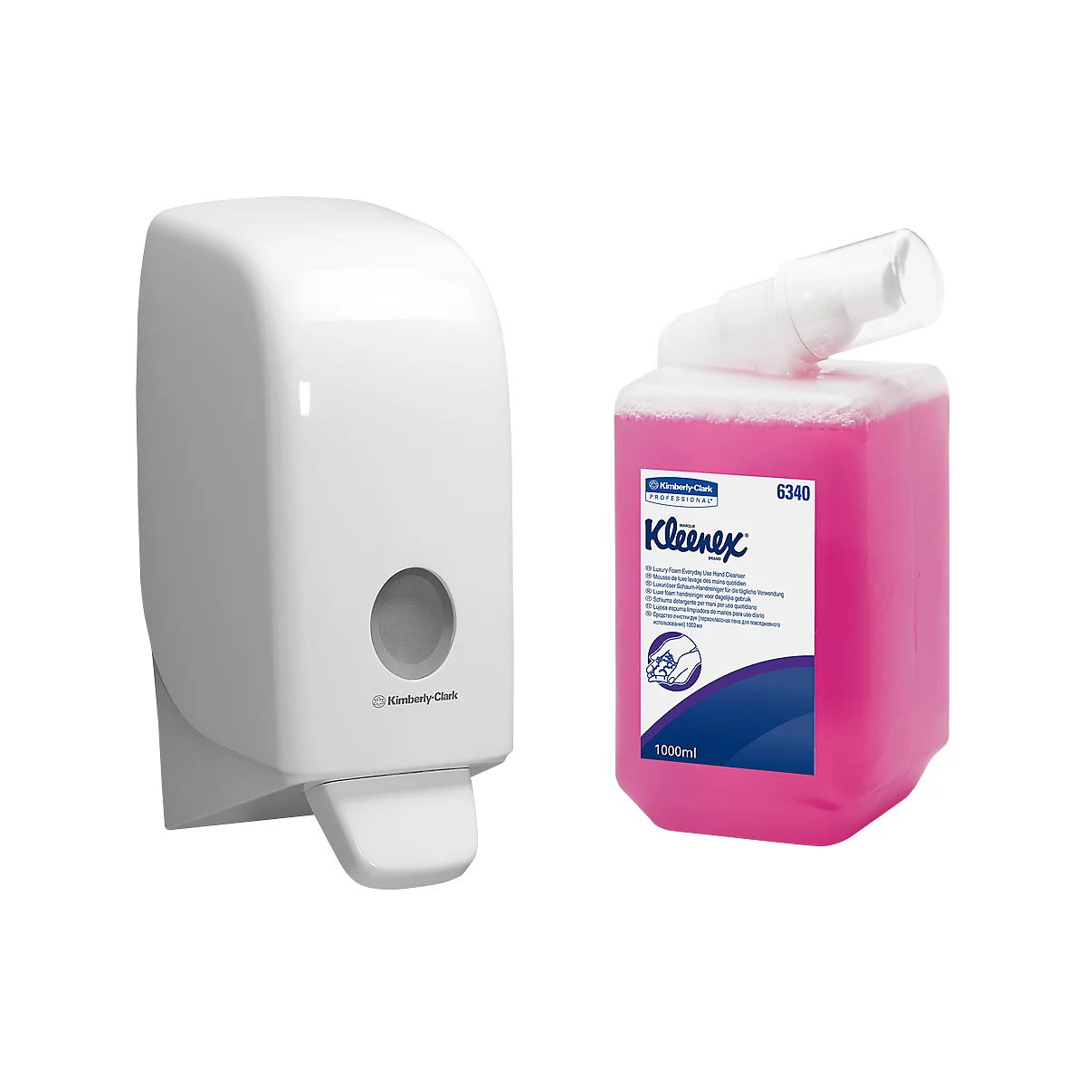 White soap dispenser and a pink soap bottle with Kleenex logo.