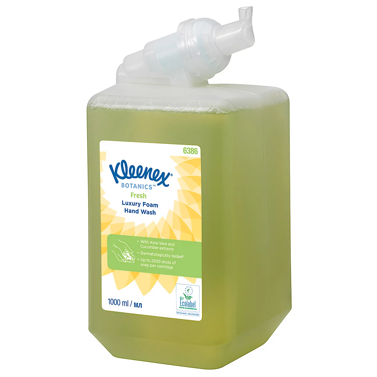 Groene zeepfles met witte dispenser en label 'Kleenex Botanics'.