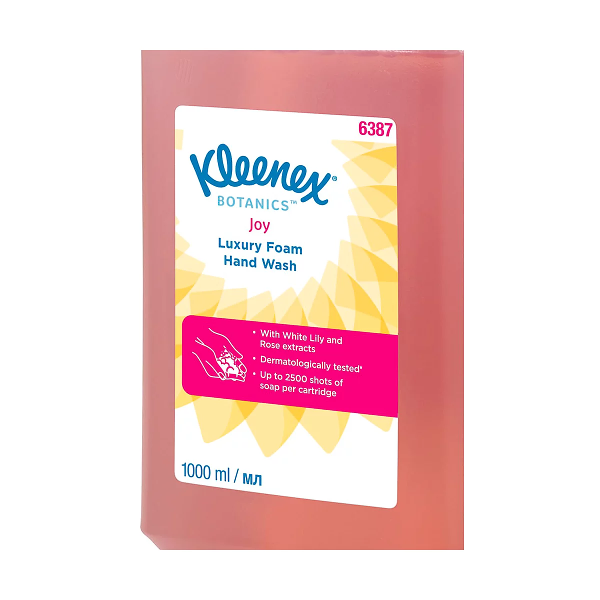 Close-up van een roze handzeepfles met opdruk. Etiket: Kleenex Botanics Joy, Luxury Foam Hand Wash. Tekst: Met witte lelie en rozenextracten.