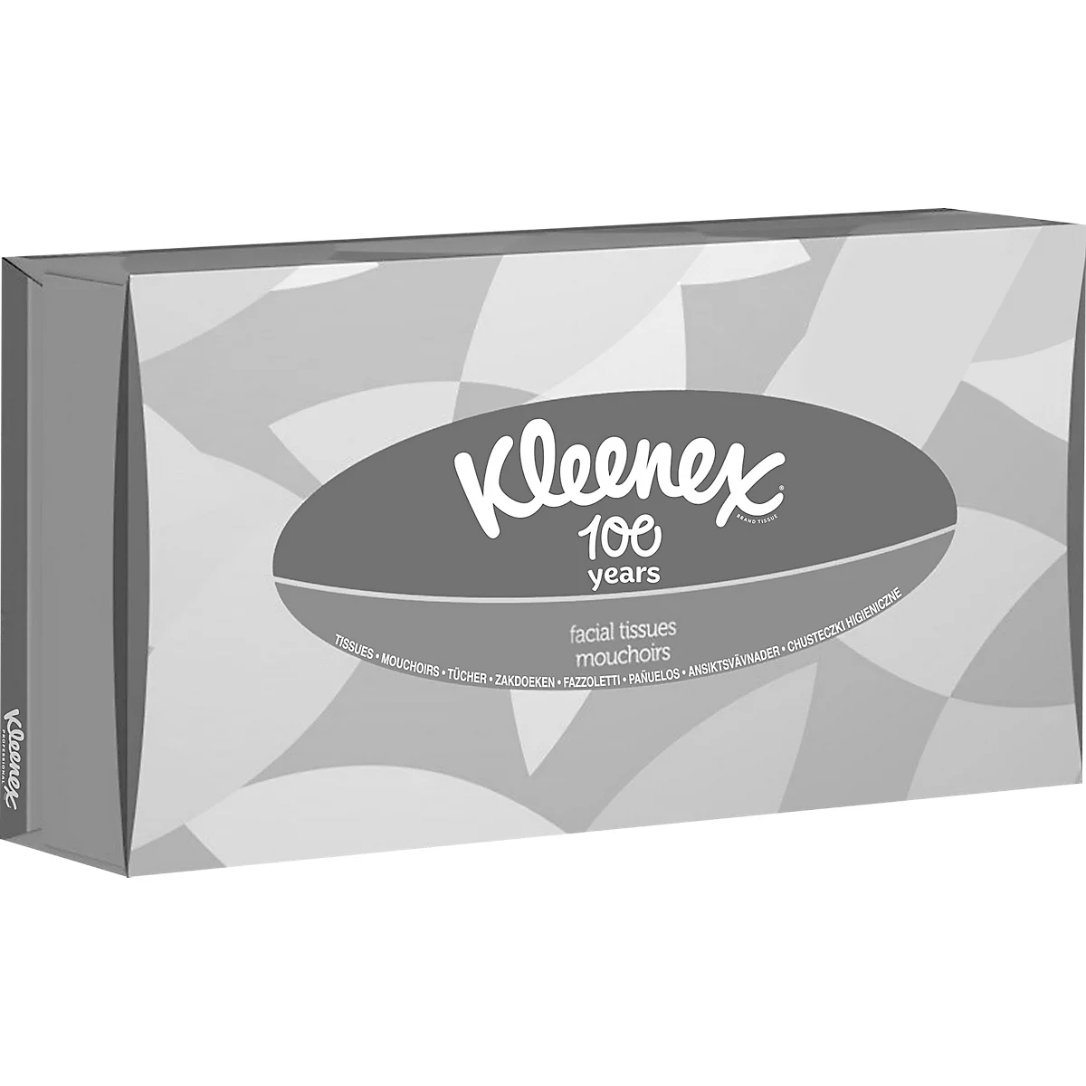 Grijze Kleenex-doos met het logo en de tekst 100 jaar. Daaronder staat "facial tissues / mouchoirs".