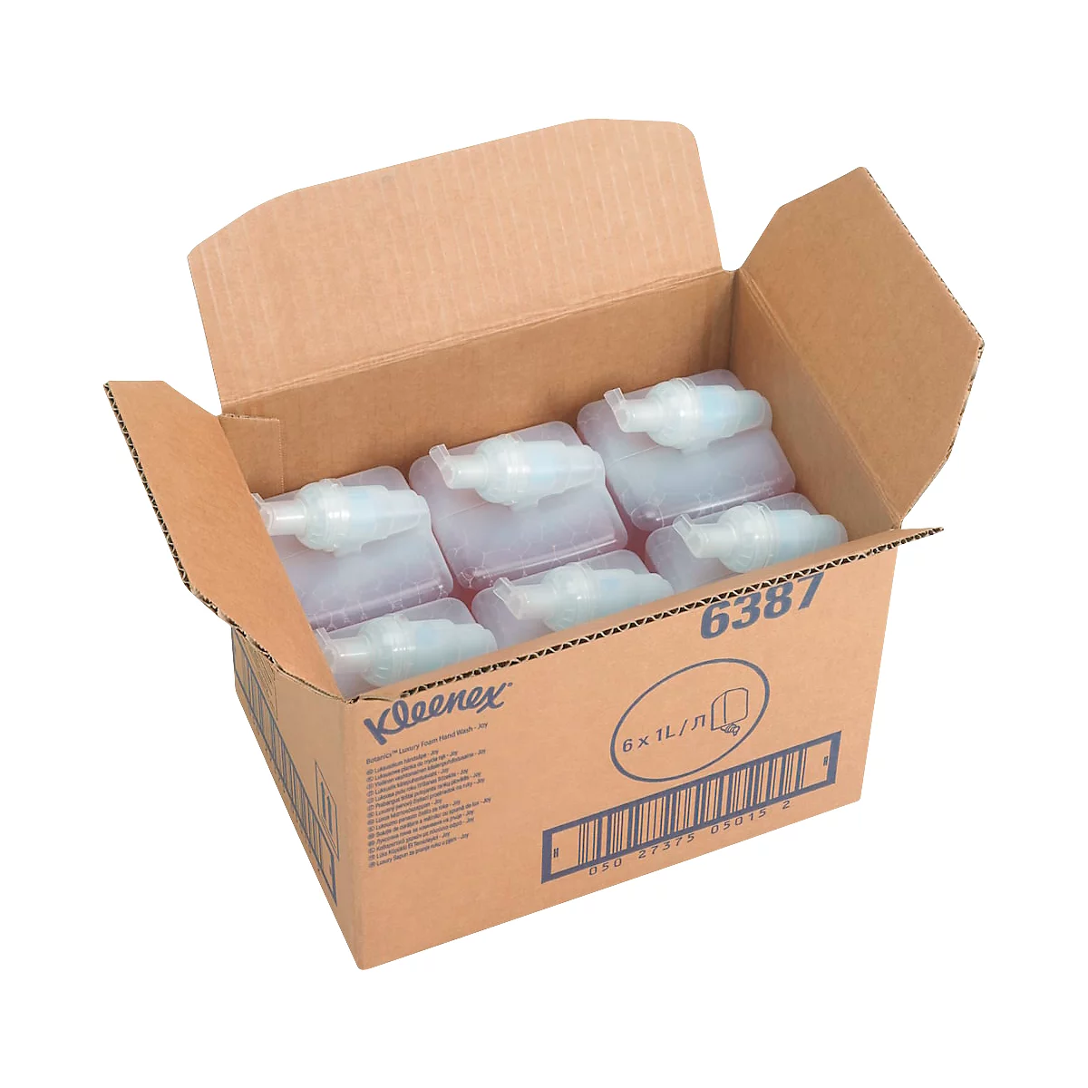 Karton mit 6 Kleenex-Spendern, teilweise geöffnet. Auf dem Karton befinden sich Logos und Text.