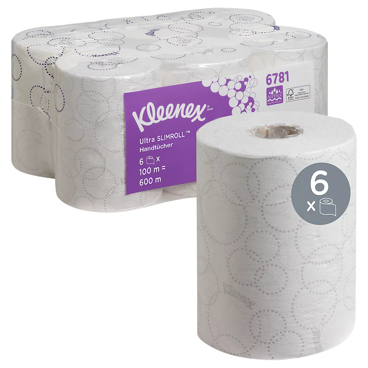 Essuie-mains Kleenex : Six rouleaux emballés dans du papier d'aluminium, un seul rouleau à côté.