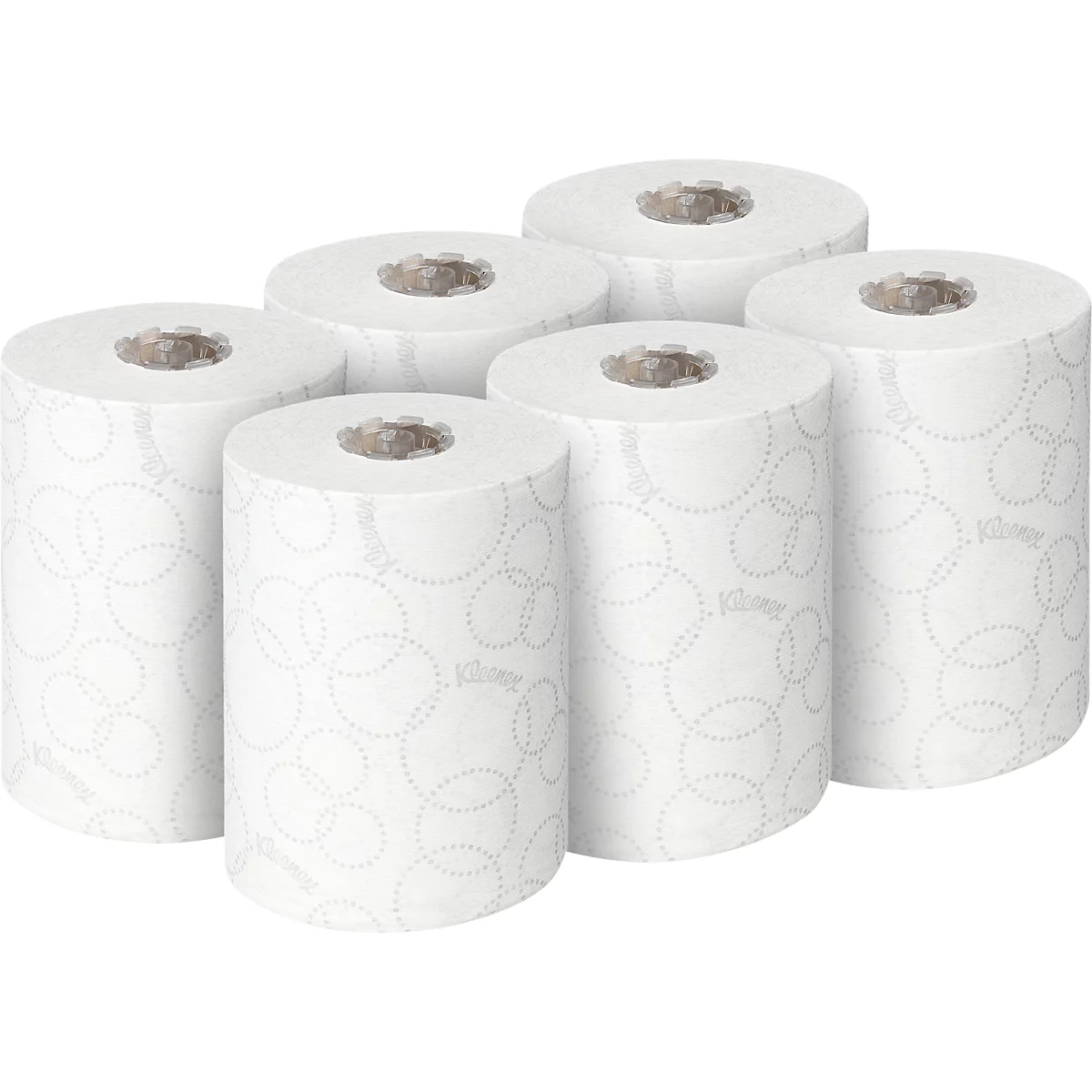Six rouleaux de papier toilette, blancs avec des motifs de cercles gris, disposés.