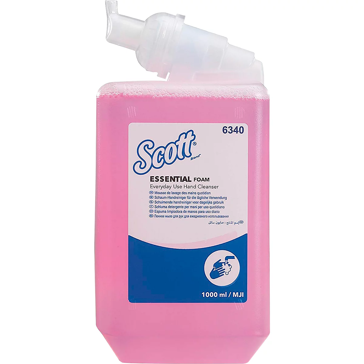 Pink soap dispenser with white pump head, Scott logo and product information.