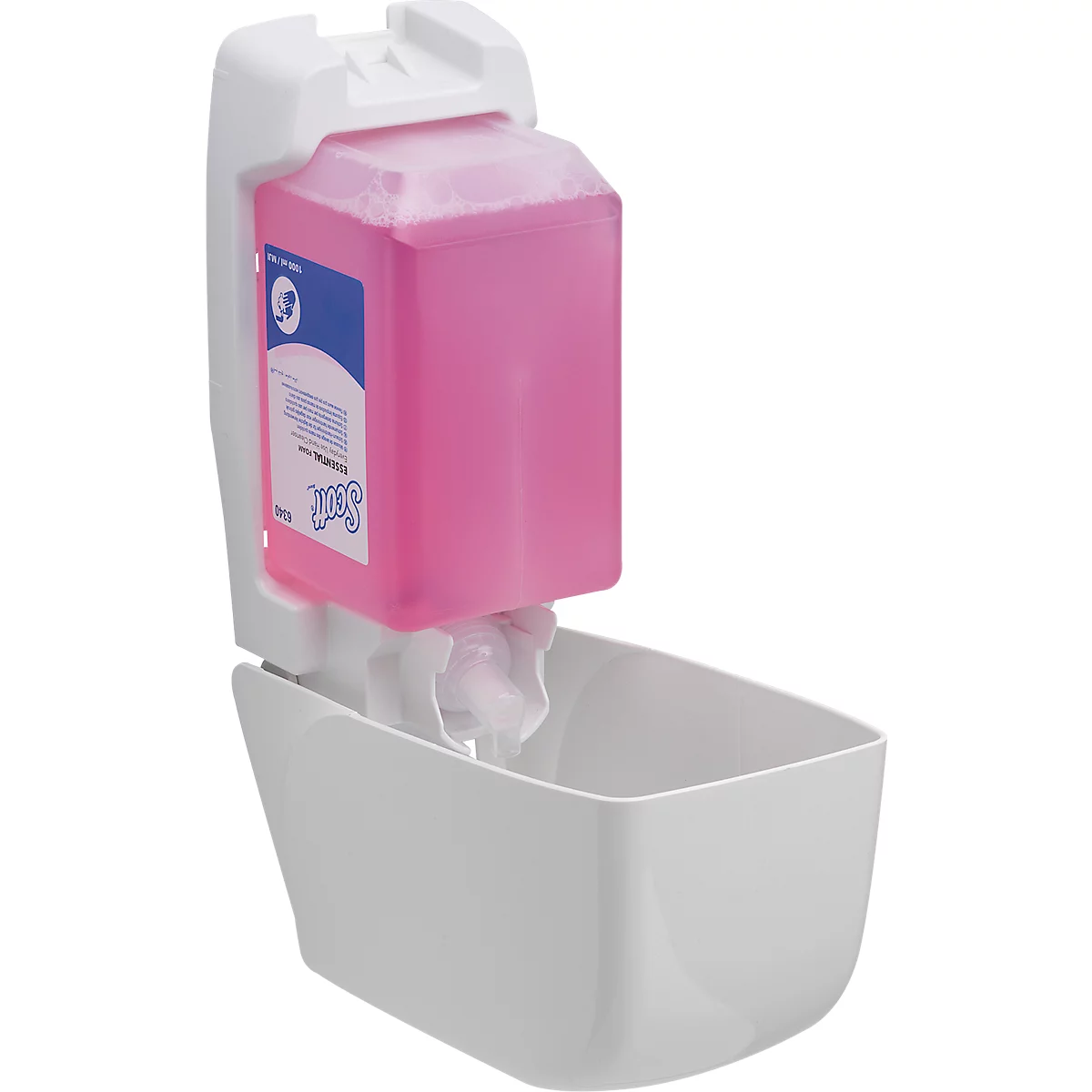 White soap dispenser with pink soap in a cartridge. The dispenser has a collection container.