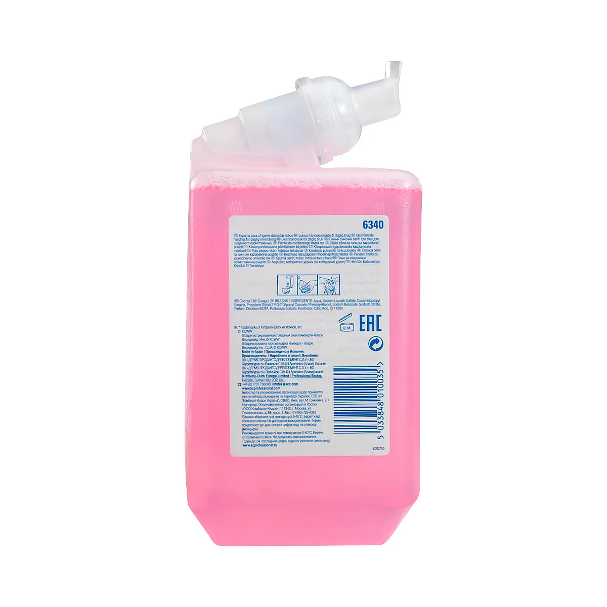 A bottle of pink soap with dispenser. Text and barcodes are printed on the back. The dispenser is white on top.