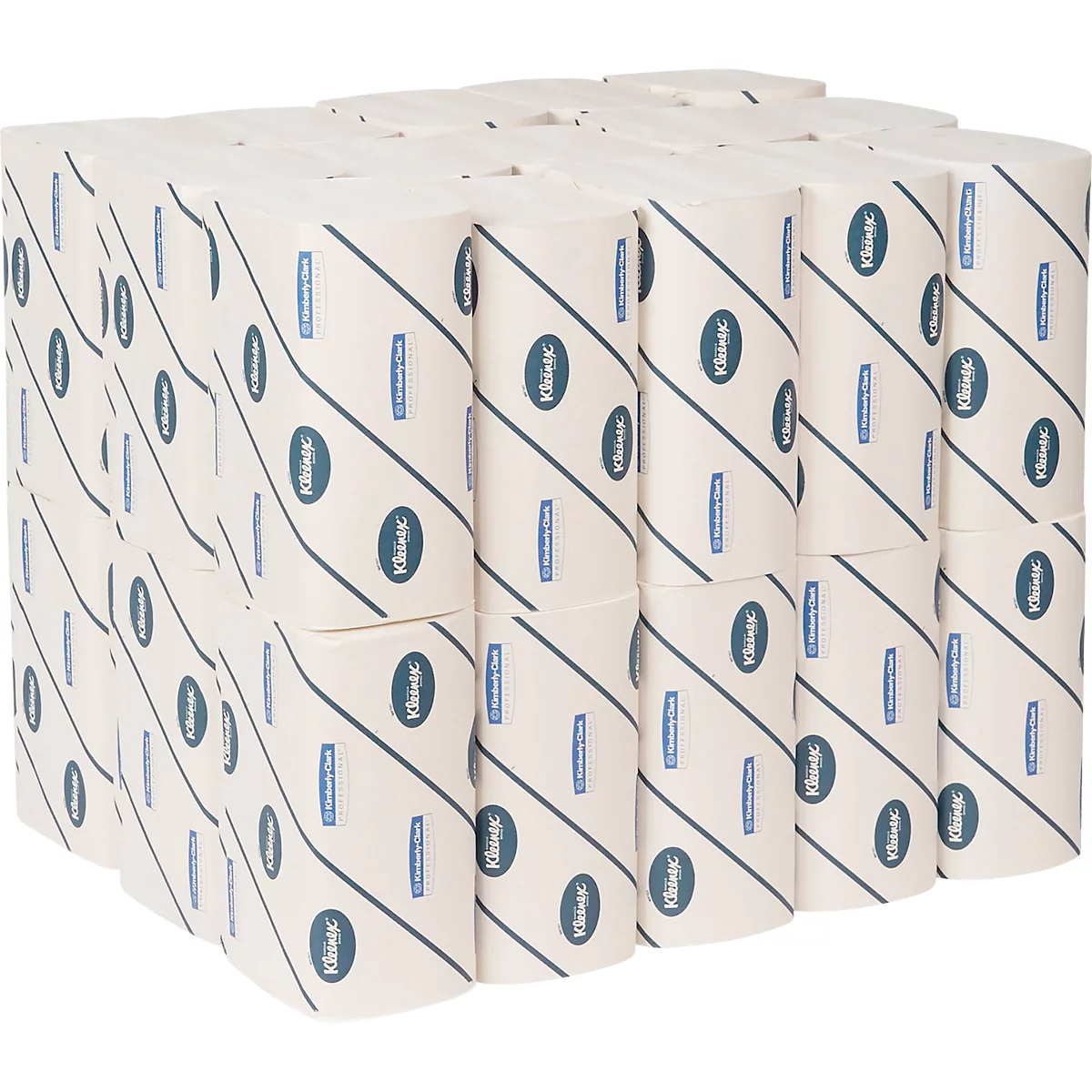 Een stapel papieren handdoeken in rollen met het Kleenex-logo. De handdoeken zijn ontworpen in wit met blauwe accenten.