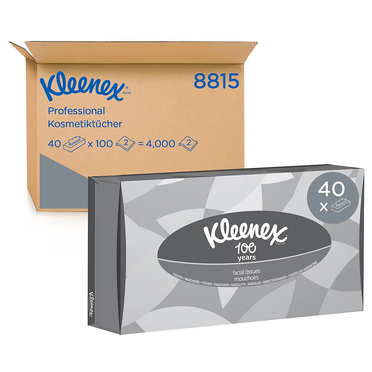 Zwei Kleenex-Boxen: eine offene Kartonbox und eine graue Taschentücherbox. Auf der Box steht 'Kleenex'.