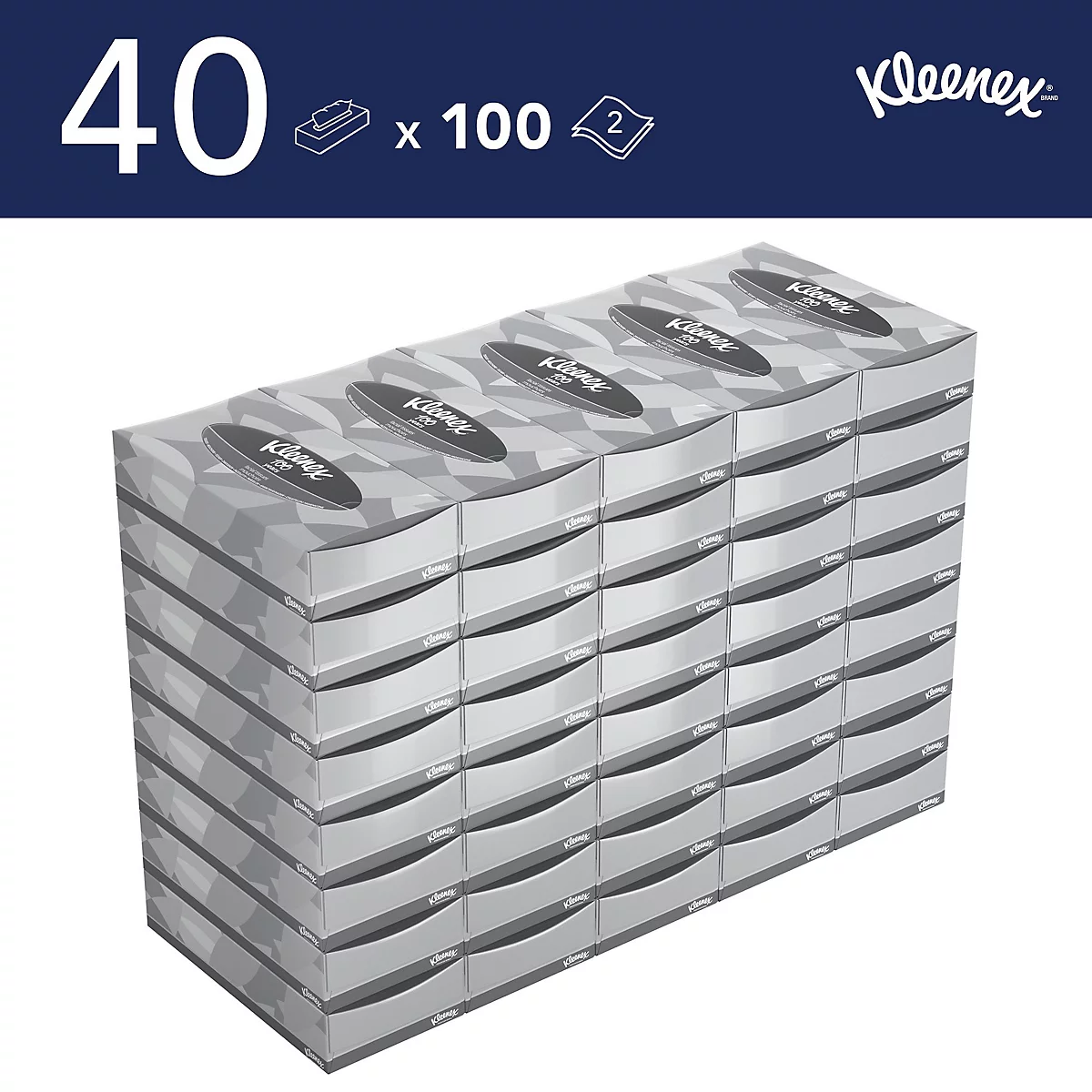 Ein Stapel von Kleenex-Taschentuchboxen. Oben links steht "40 x 100", daneben das Logo von Kleenex.