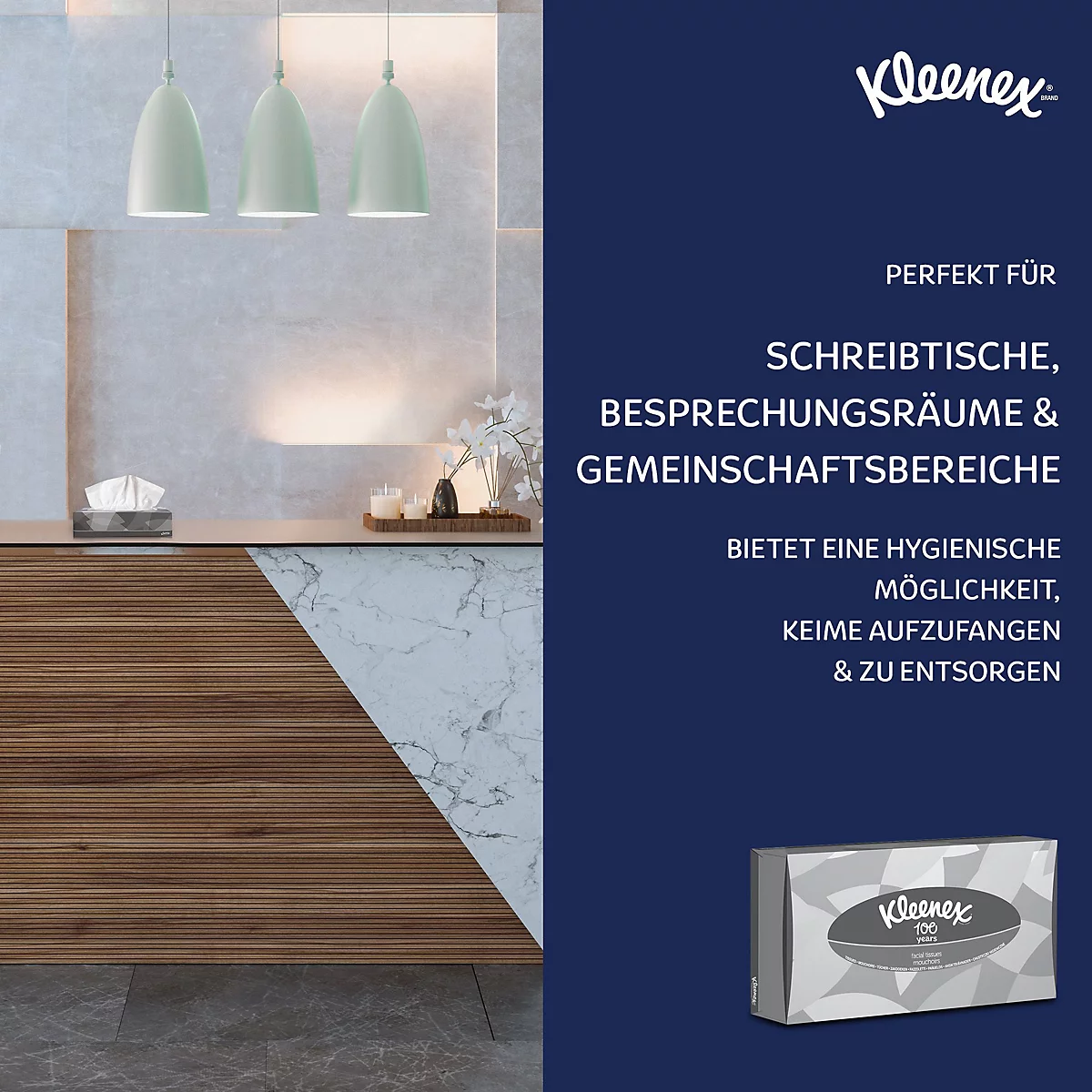 Auf einem Schreibtisch, vor einem blauen Hintergrund, liegt eine Kleenex-Box. Text wirbt für Büros und Gemeinsschaftsbereiche.