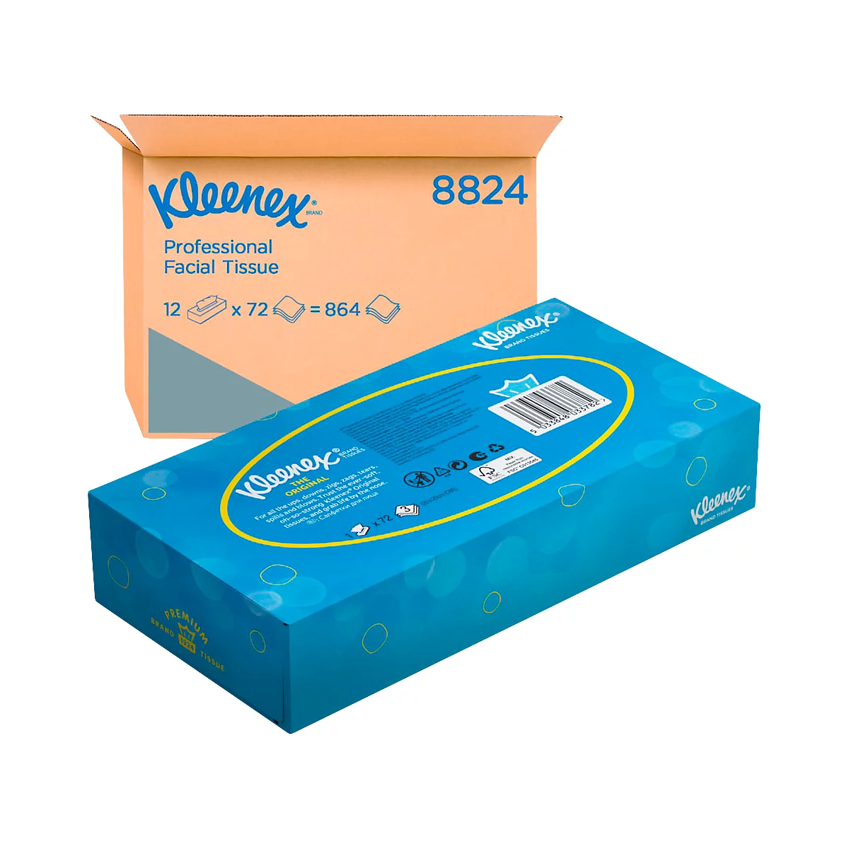 Zwei Kleenex-Boxen: eine blaue mit gelbem Rand und eine orangefarbene Kartonbox mit der Aufschrift Kleenex Professional Facial Tissue.