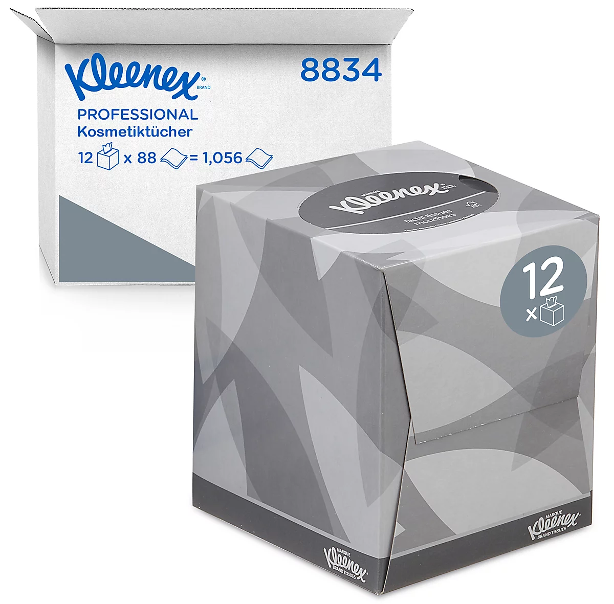 Kleenex® Kosmetiktücher 8834, 2-lagig, 12 Boxen á 88 Tücher, Einzeltuchentnahme, weiß