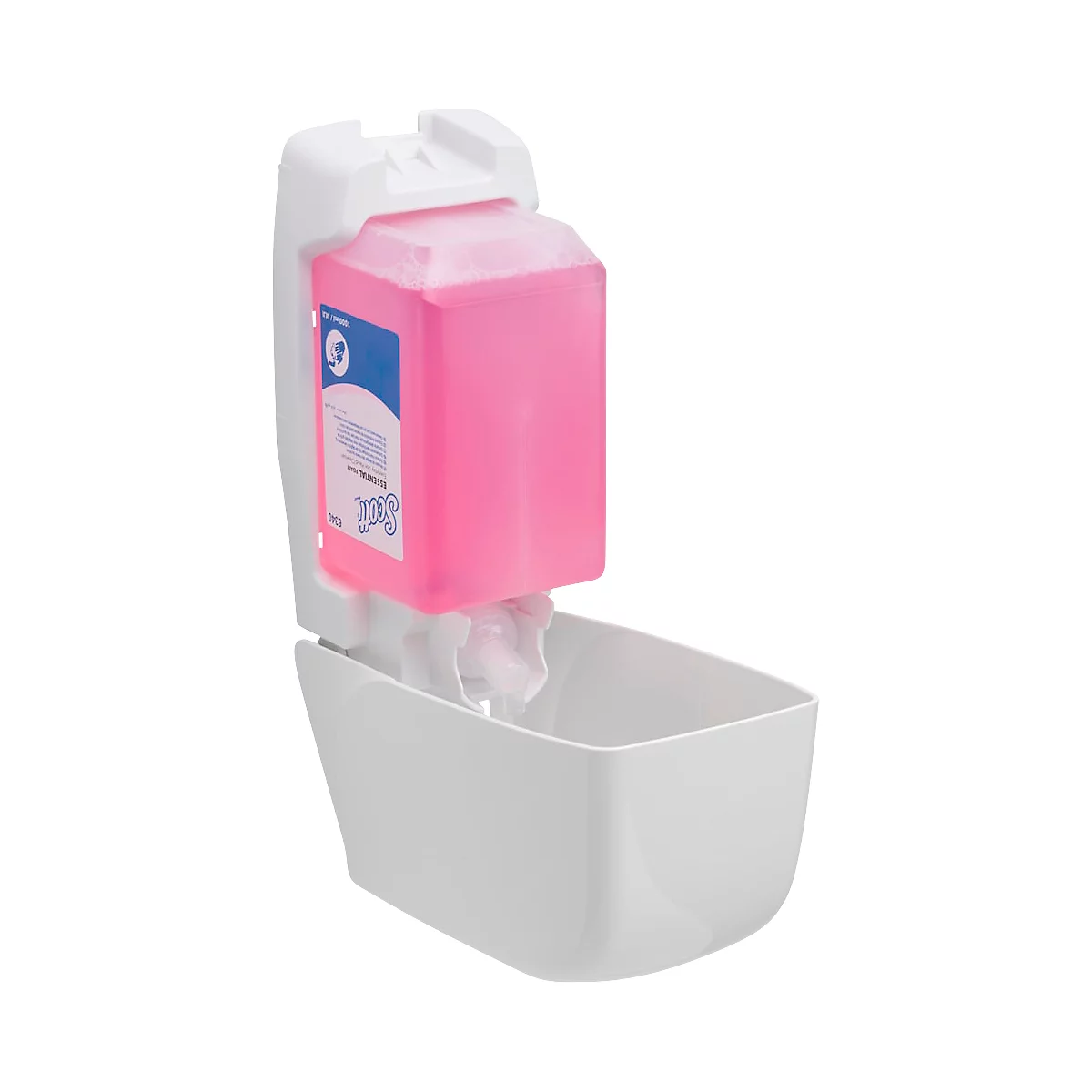 Weisser Seifenspender mit rosa Flüssigseife und Auffangbehälter. Etikett mit Text.