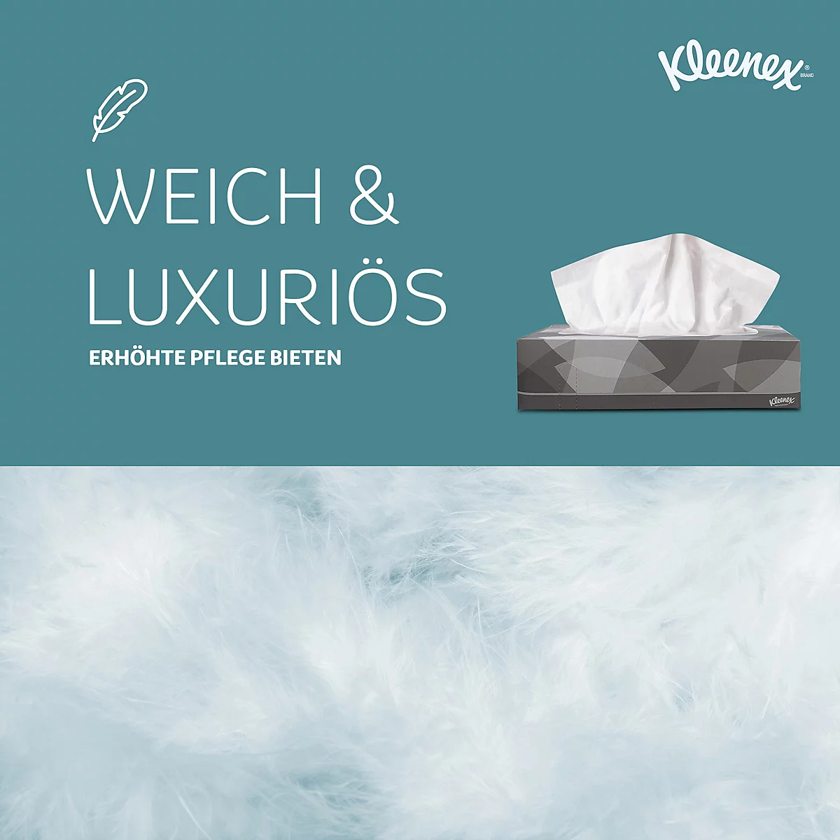 Mouchoirs dans une boîte, lettrage : Doux et luxueux, offrent des soins améliorés, avec des plumes blanches en dessous.