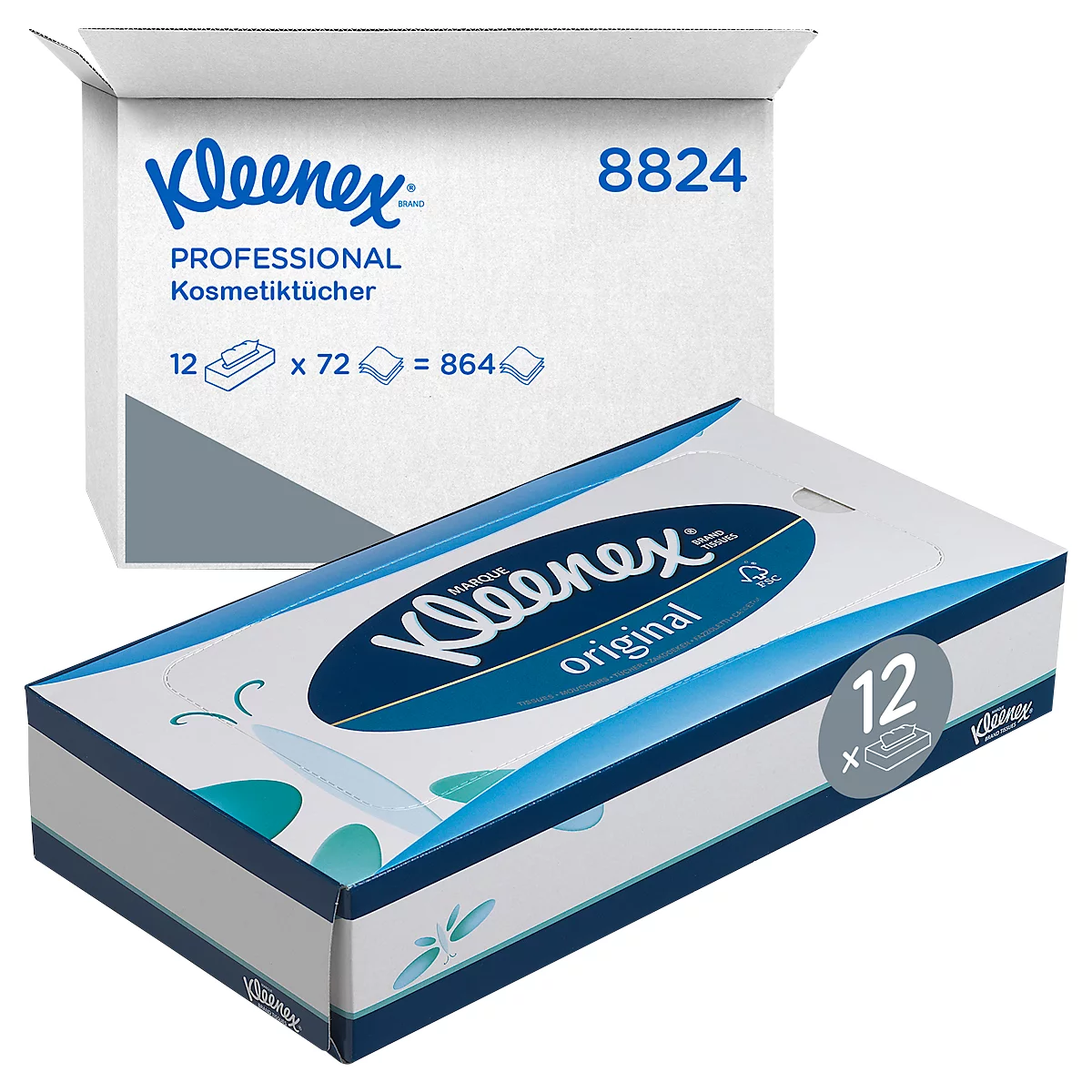 Kleenex® Mouchoirs cosmétiques 8824, 3 plis, absorbants, 12 boîtes de 72 mouchoirs, blanc